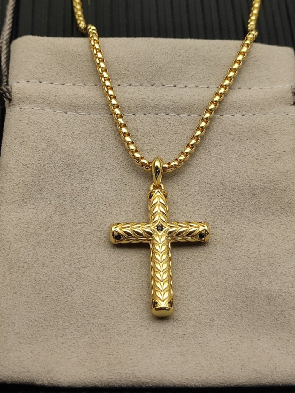 David Yurman Gold Chevron Cross White Diamond Necklace